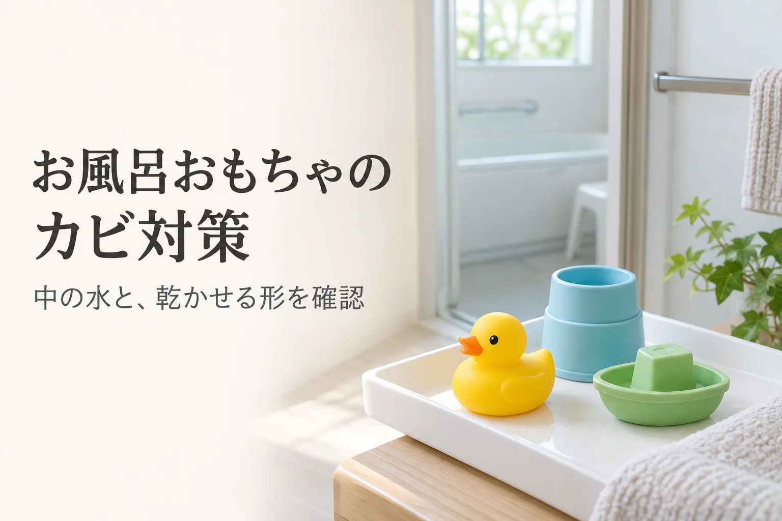 お風呂おもちゃのカビ対策、中の水と乾かせる形を確認と書かれた説明画像