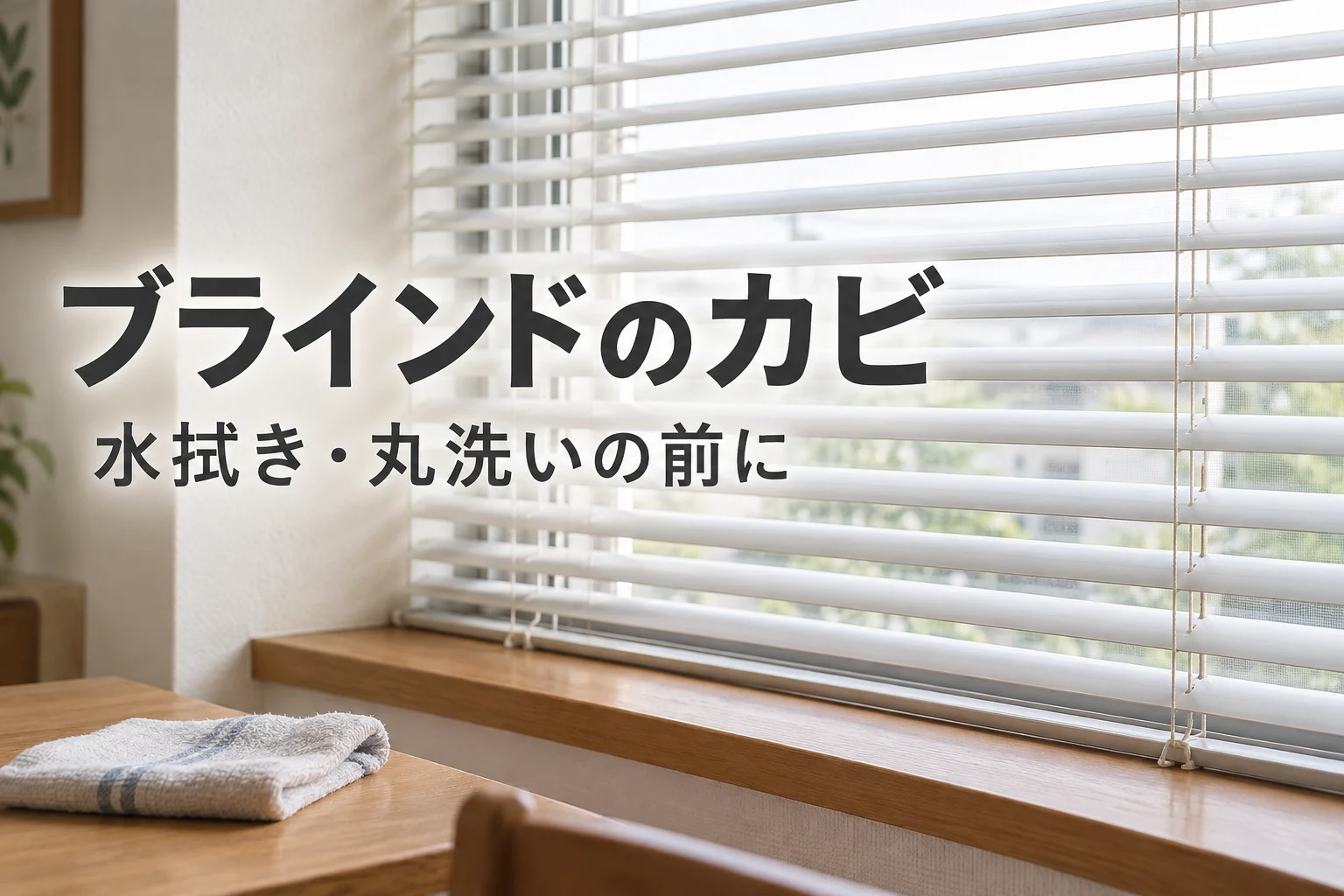 窓に付いた白いブラインドと、ブラインドのカビ、水拭き・丸洗いの前にの文字