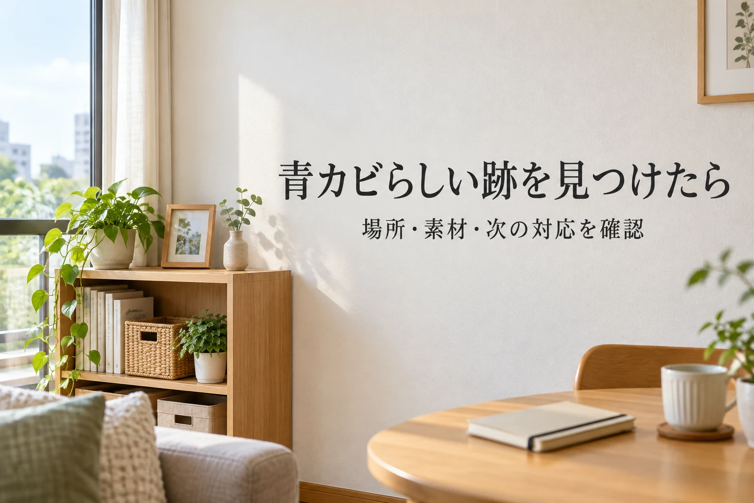 青カビらしい跡を見つけたら、場所・素材・次の対応を確認という文字入り説明画像