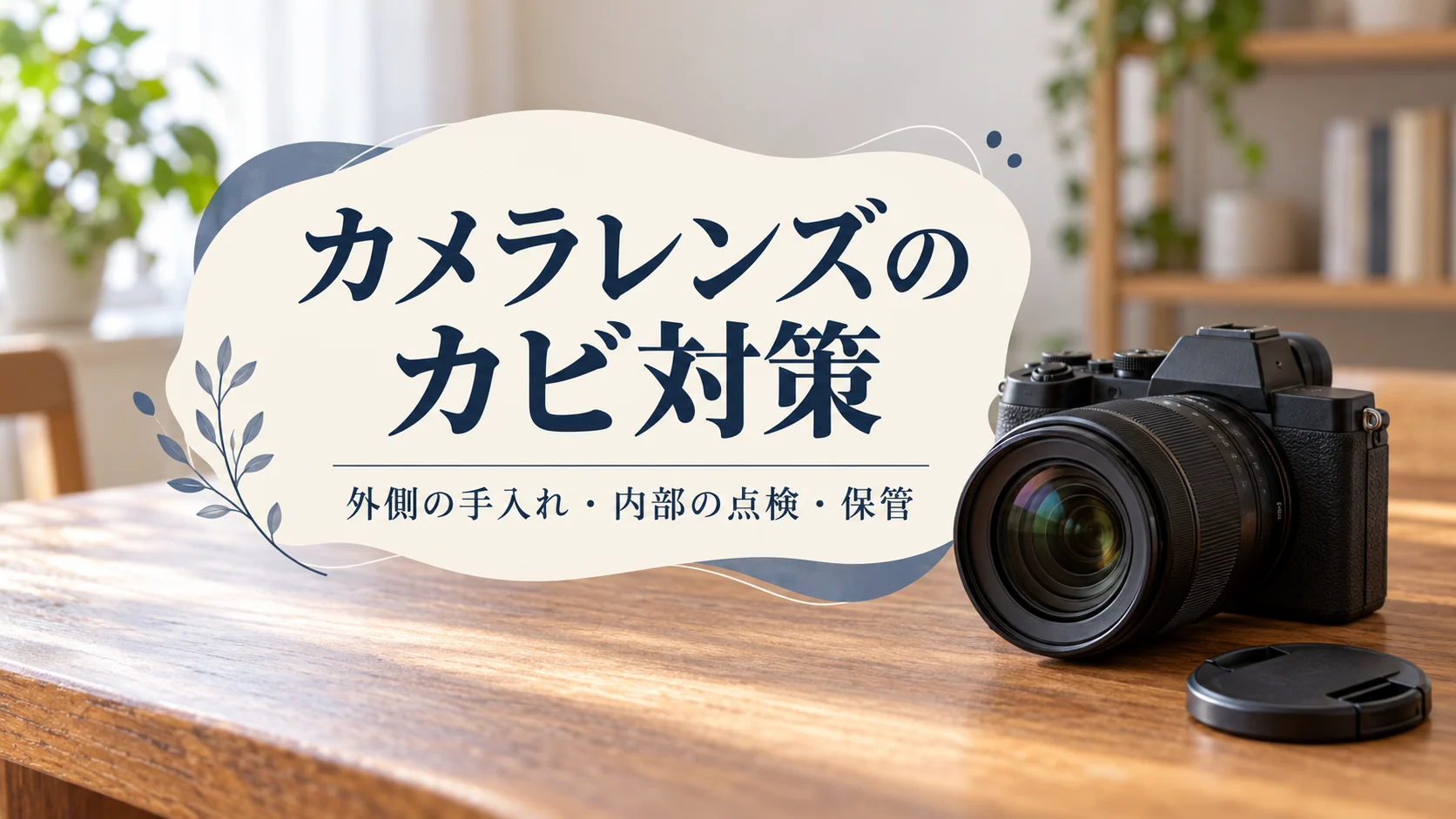 カメラレンズのカビ対策、外側の手入れ・内部の点検・保管の文字入り説明画像