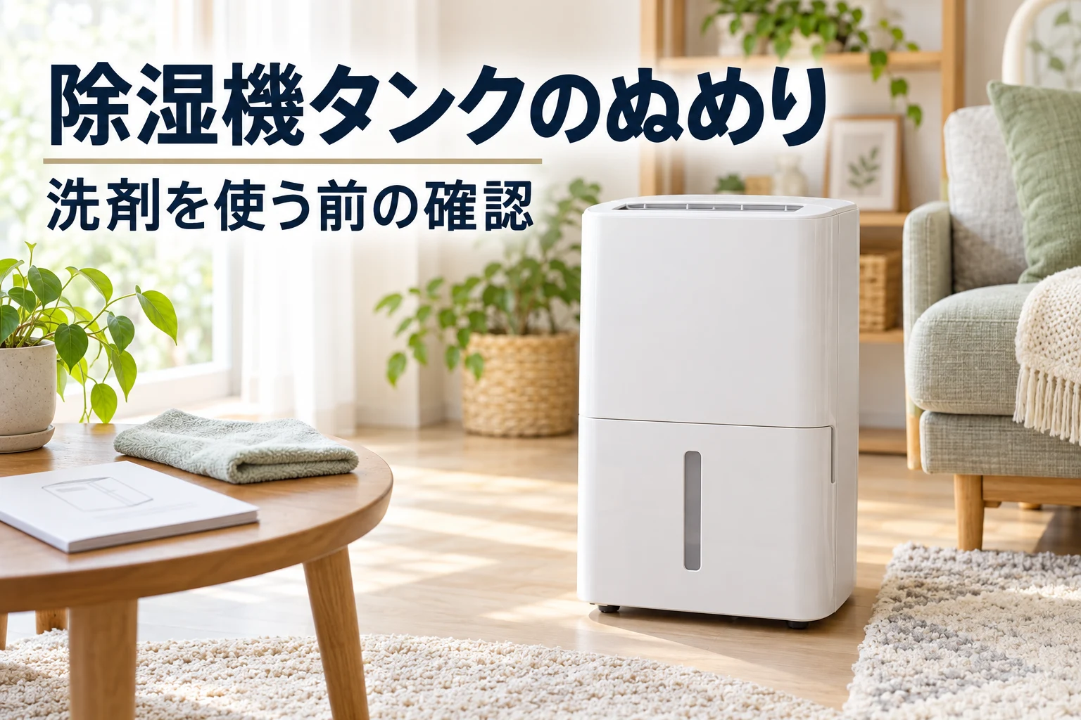 家庭用除湿機を置いた室内と、除湿機タンクのぬめり、洗剤を使う前の確認の文字