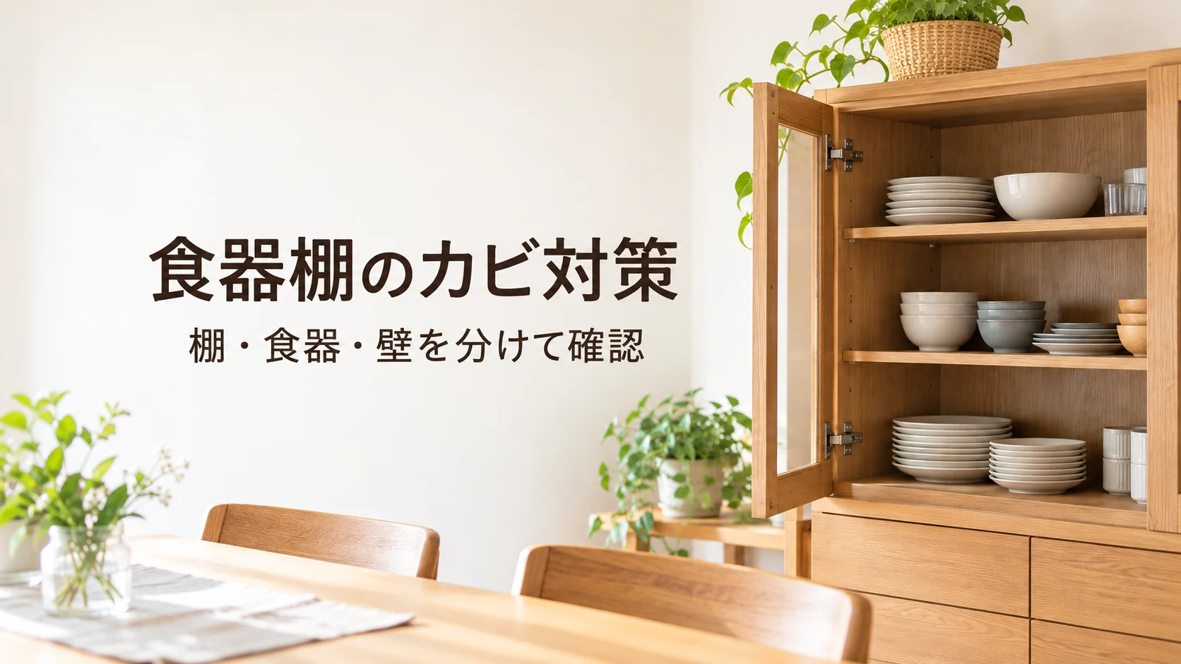 食器棚のカビ対策、棚・食器・壁を分けて確認という文字入り説明画像