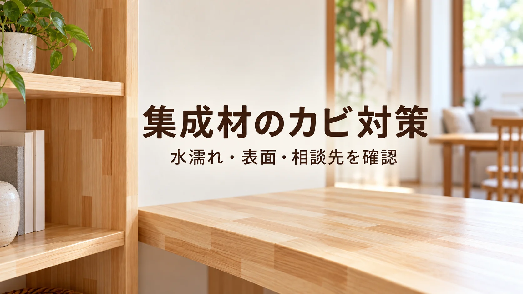 集成材のカビ対策、水濡れ・表面・相談先を確認という文字入り説明画像