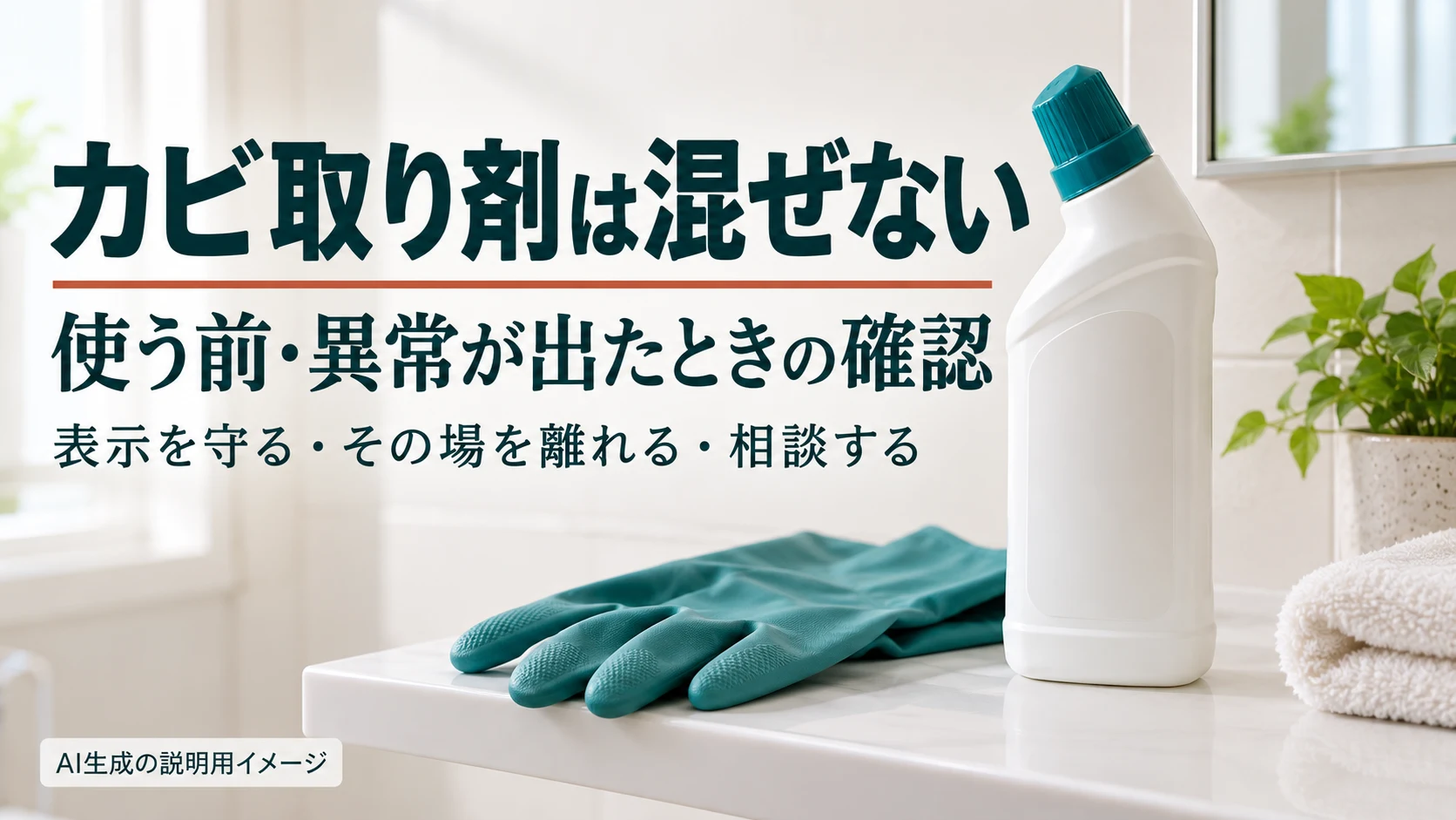 カビ取り剤は混ぜない。使う前と異常が出たときの確認(AI生成の説明用イメージ)