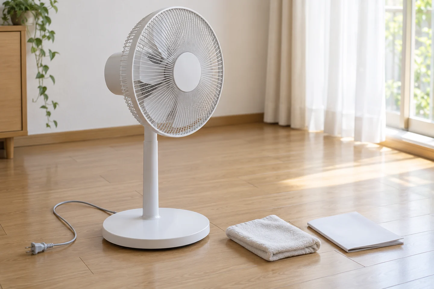 停止して電源プラグを抜いた扇風機と説明書のイメージ