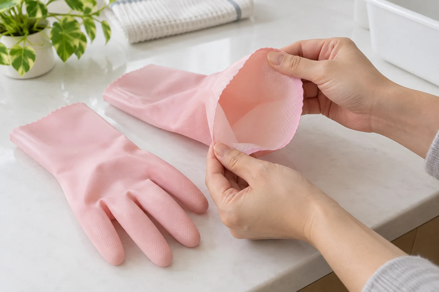 手袋の袖口から内側を確認する様子