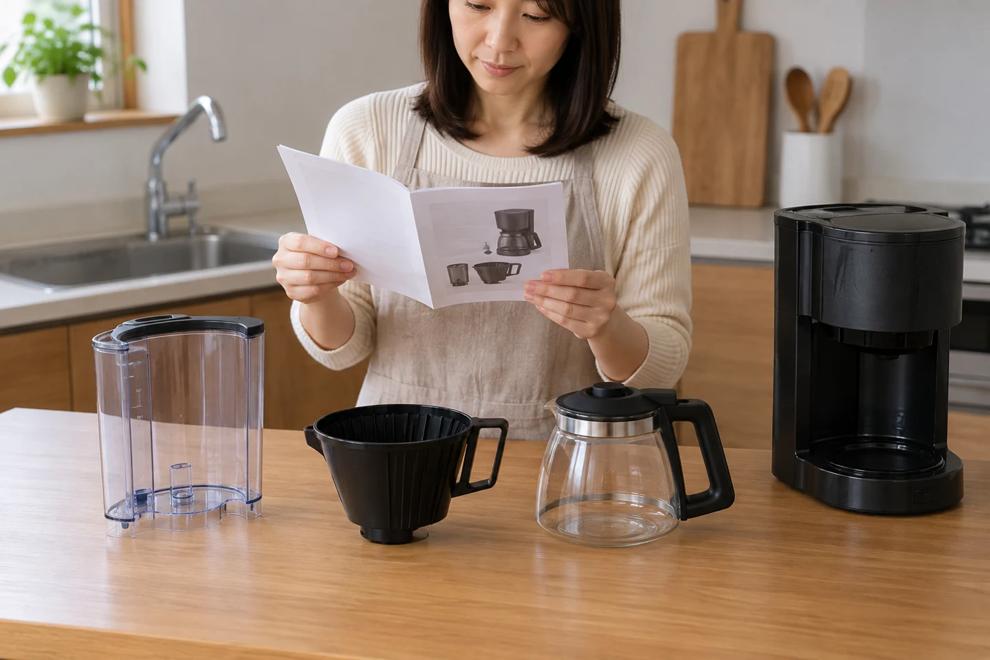 水タンクと抽出部品を分けて説明書を照合する様子