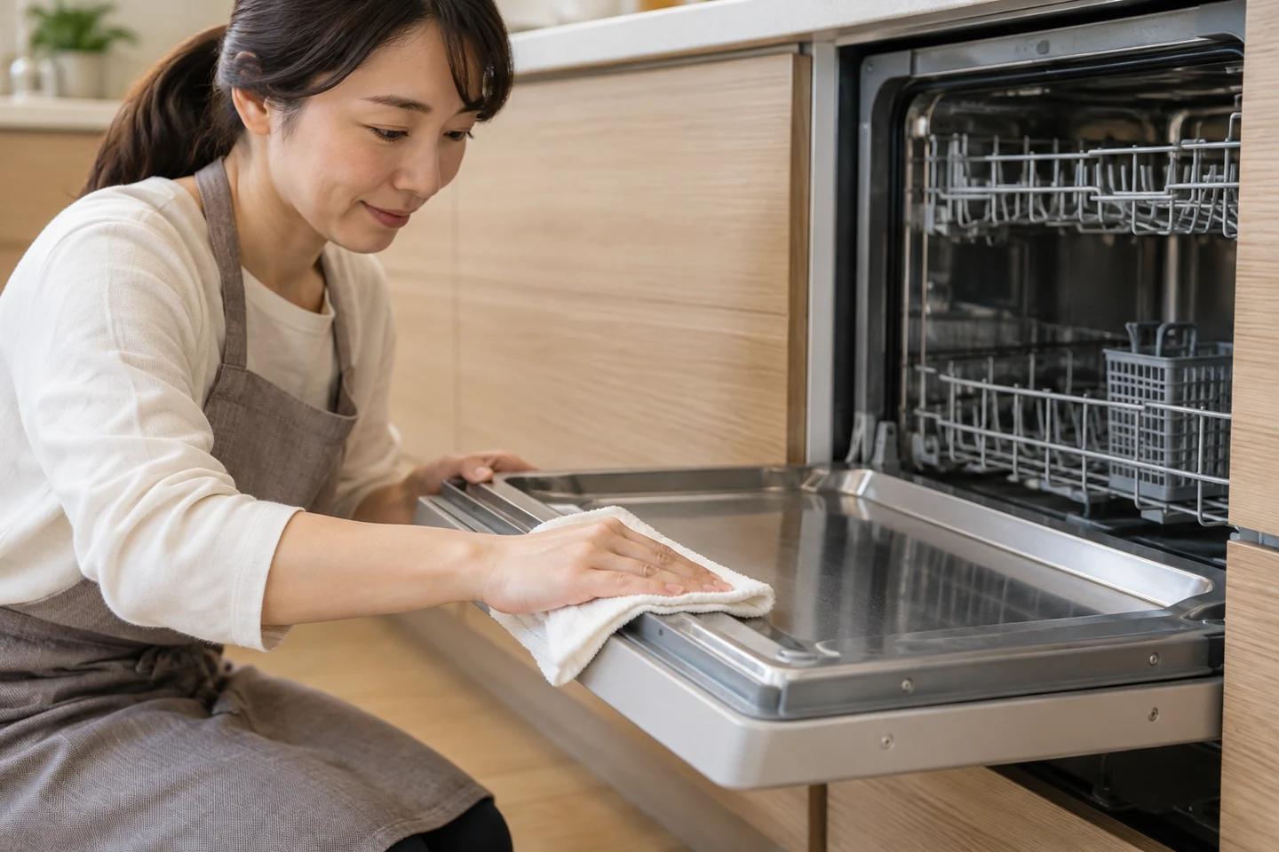 食洗機のドアの縁を布で手入れするイメージ