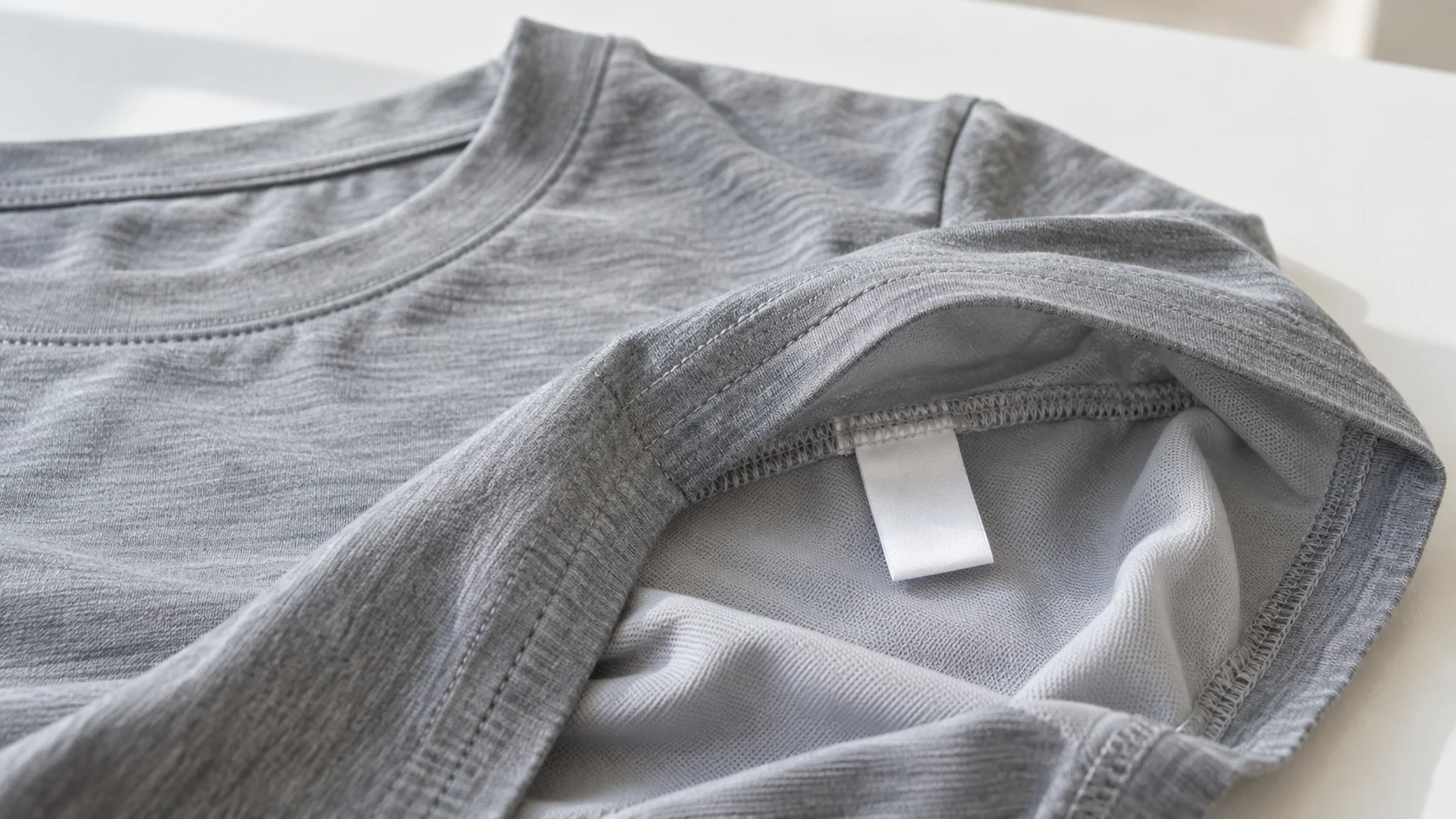服の内側にある製品表示を探す場面