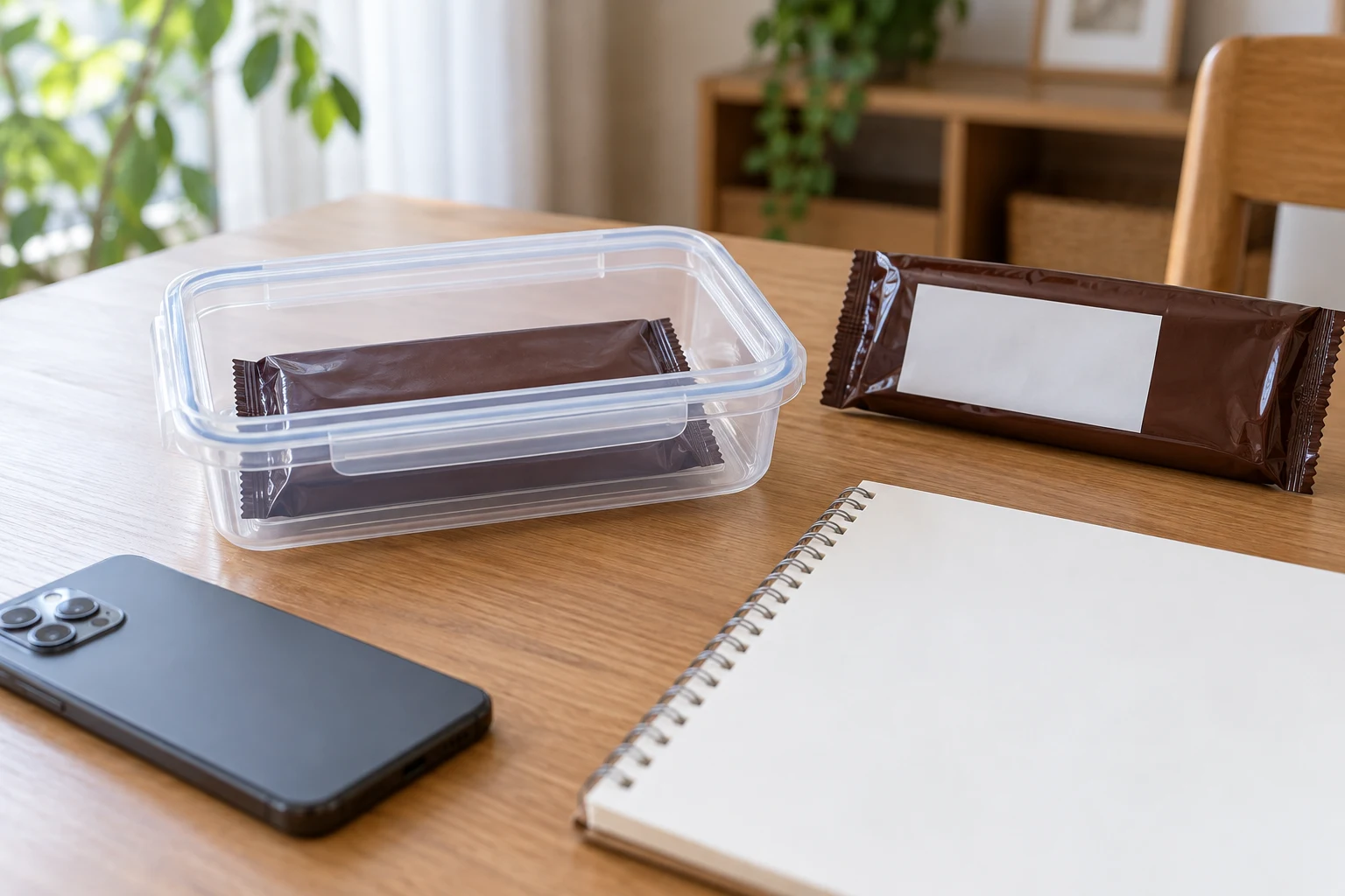 チョコレートの包装と商品情報を確認する場面