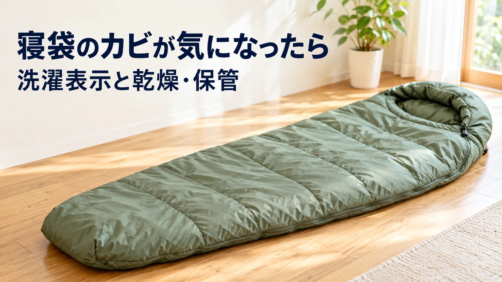 家庭の床に広げた寝袋と、寝袋のカビが気になったら、洗濯表示と乾燥・保管の文字