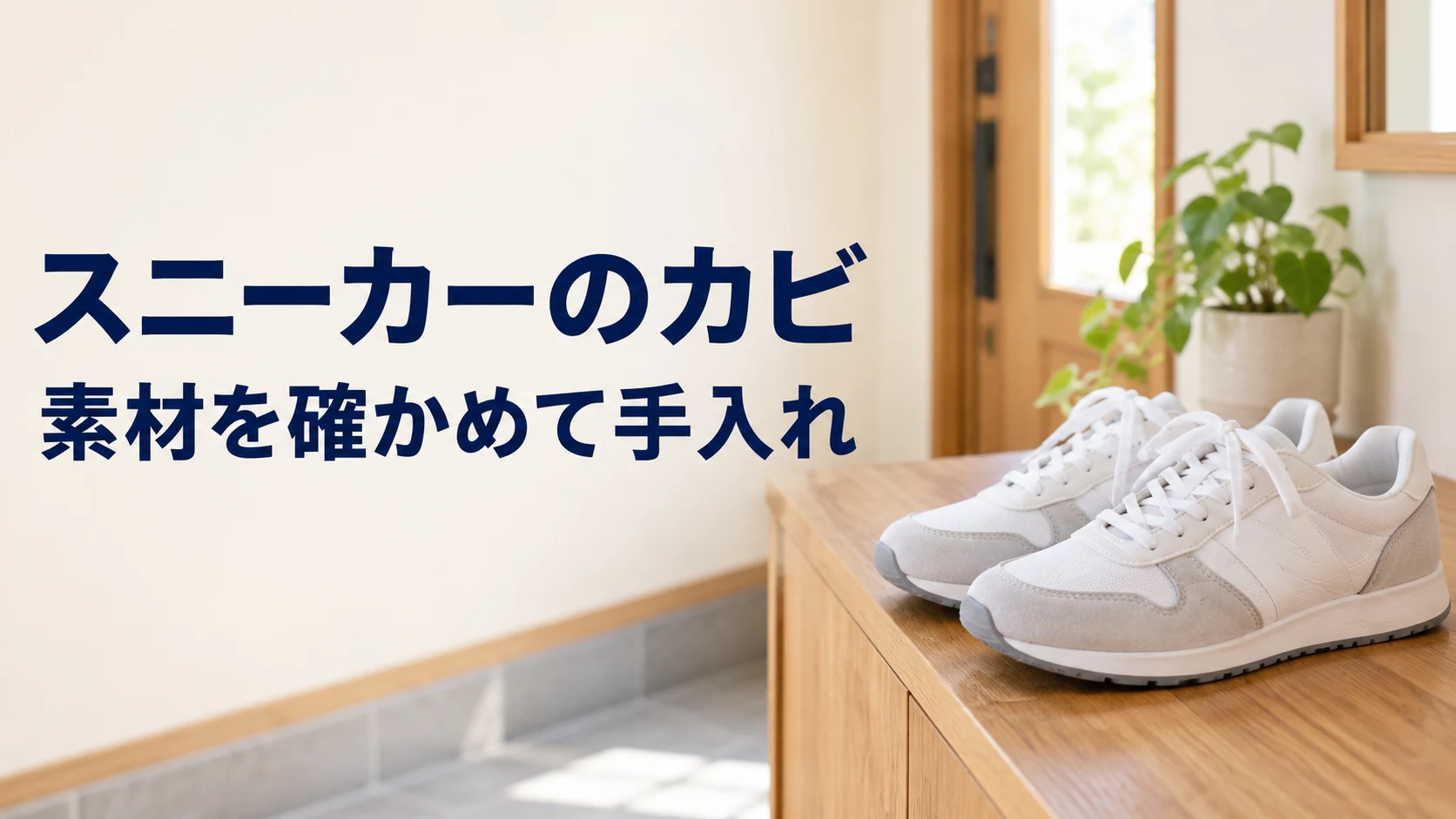 白いスニーカーと、スニーカーのカビ、素材を確かめて手入れの文字