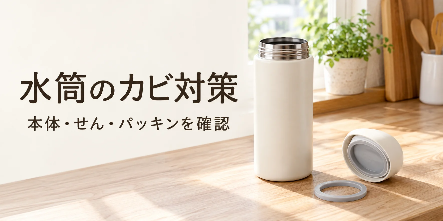 水筒のカビ対策、本体・せん・パッキンを確認の文字入り説明画像