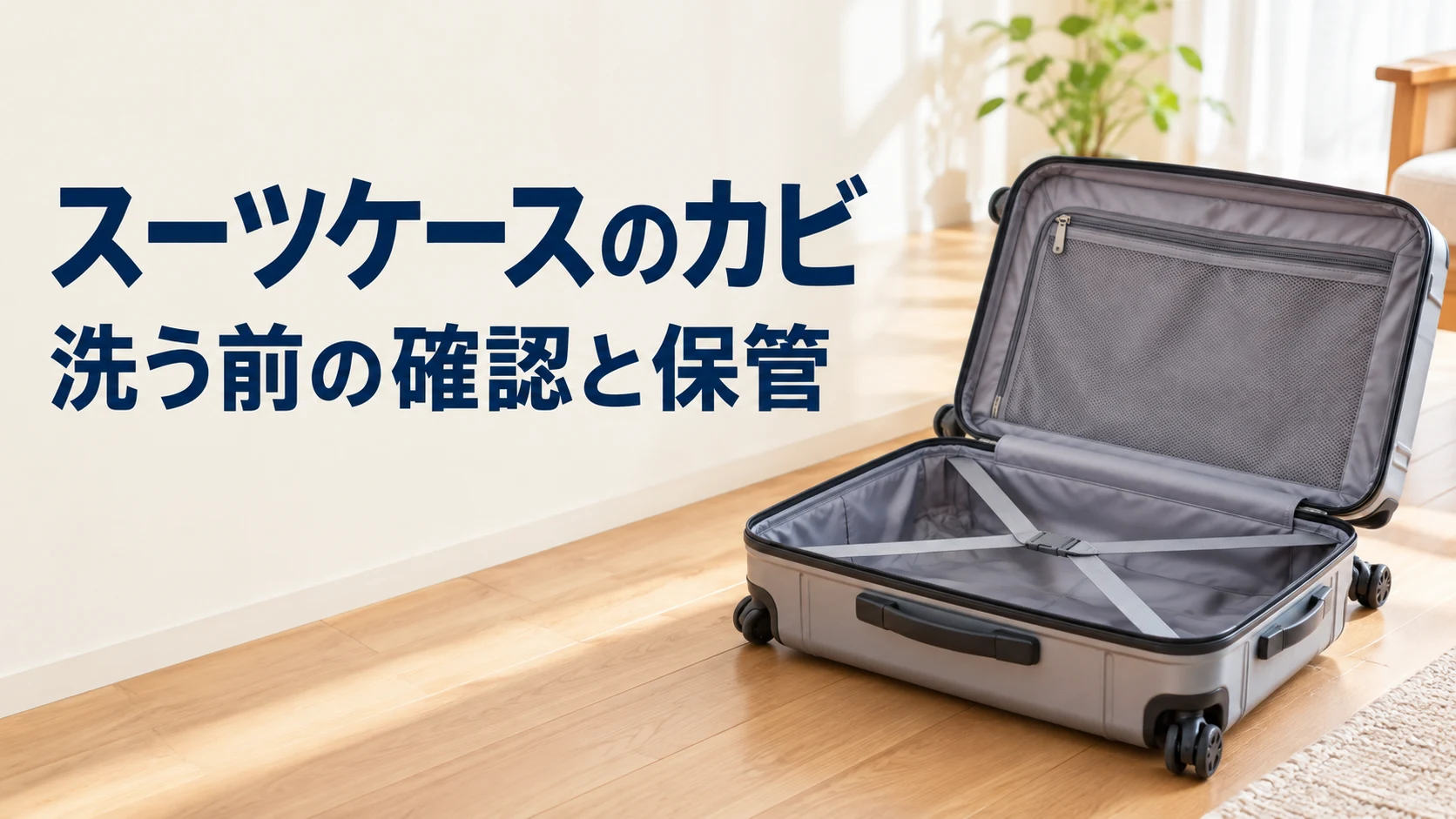 家庭で開いたスーツケースと、スーツケースのカビ、洗う前の確認と保管の文字