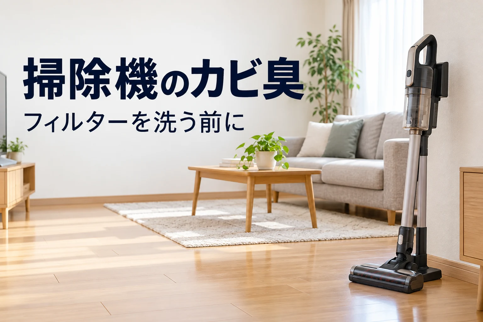 室内に置いた掃除機と、掃除機のカビ臭、フィルターを洗う前にの文字