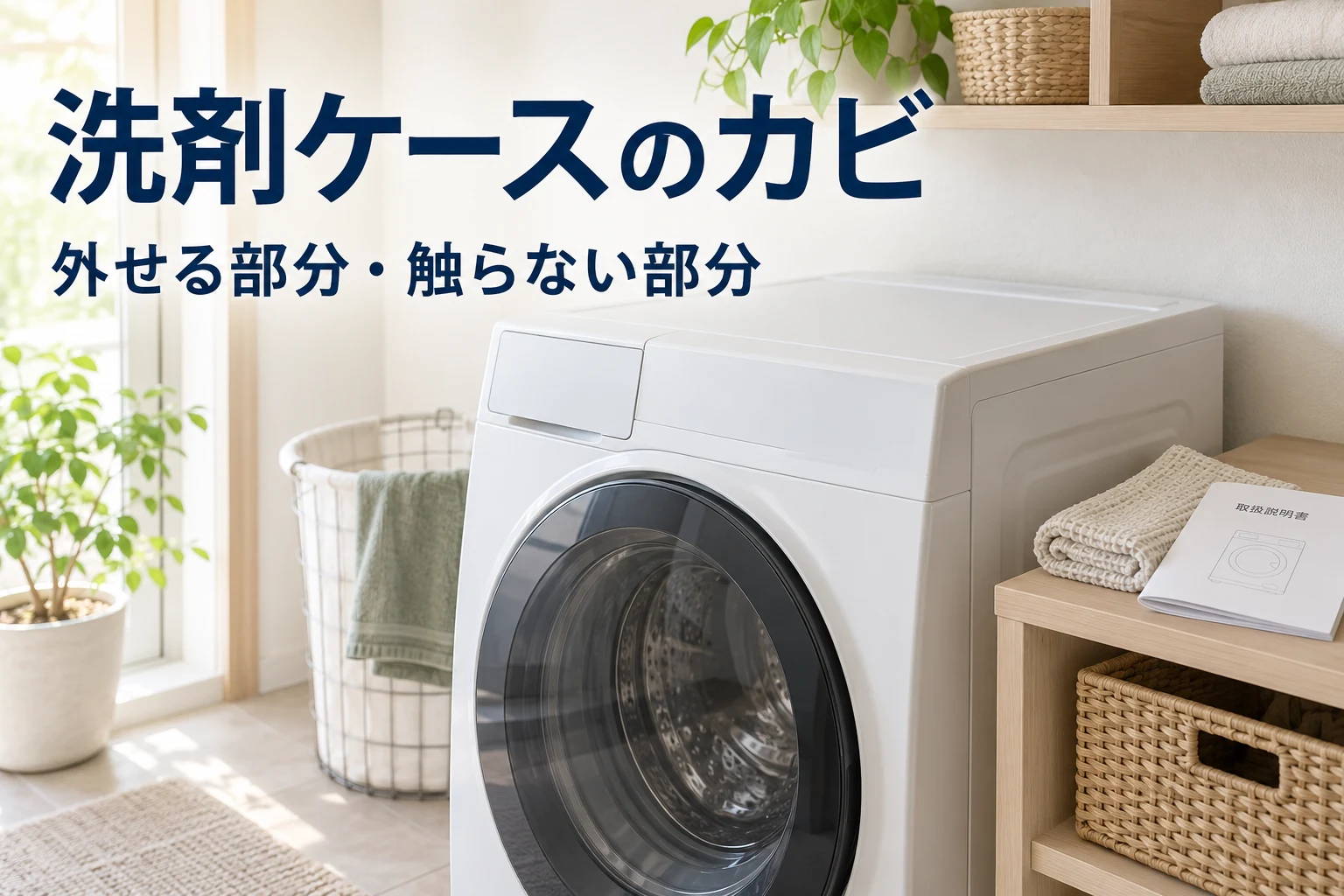 洗濯機と説明書を置いた洗面室、洗剤ケースのカビ、外せる部分・触らない部分の文字入りイメージ