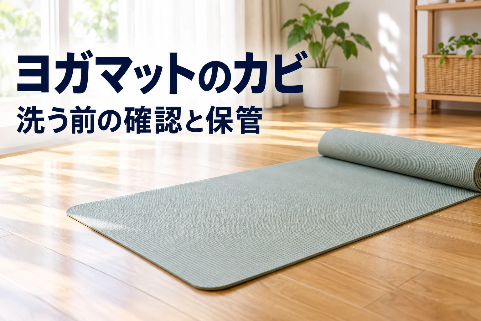 家庭の床に広げたヨガマットと、ヨガマットのカビ、洗う前の確認と保管の文字